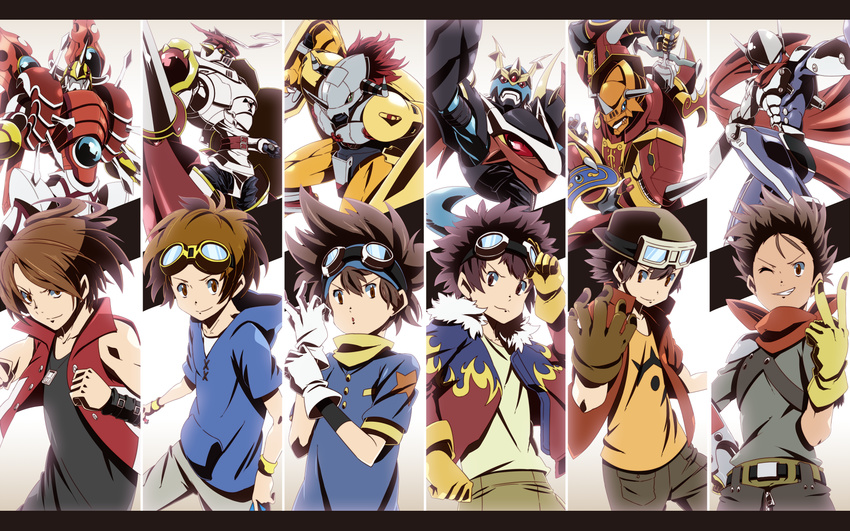 akiyama_ryou bad_id bad_pixiv_id column_lineup daimon_masaru digimon digimon_adventure digimon_adventure_02 digimon_frontier digimon_savers digimon_tamers dukemon gloves goggles hajime_(hajime-ill-1st) highres hood hoodie imperialdramon jacket justimon kaisergreymon kanbara_takuya letterboxed male_focus matsuda_takato motomiya_daisuke multiple_boys scarf shinegreymon v wallpaper wargreymon yagami_taichi