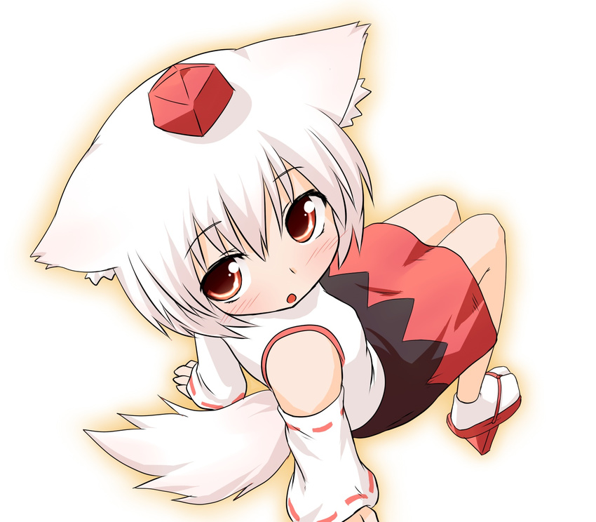 animal_ears blush detached_sleeves geta hat heart highres inubashiri_momiji natsu_no_koucha red_eyes short_hair sitting solo tail tengu-geta tokin_hat touhou white_hair wolf_ears wolf_tail