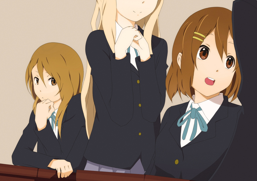 bad_id bad_pixiv_id baraki_kou blazer blonde_hair brown_eyes brown_hair chin_rest extra hair_ornament hairclip hirasawa_yui jacket k-on! kotobuki_tsumugi long_hair multiple_girls school_uniform short_hair tachibana_himeko