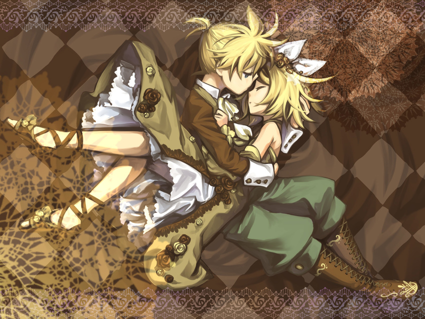 1girl aqua_eyes bare_shoulders blonde_hair boots brother_and_sister closed_eyes detached_sleeves dress flower formal hair_flower hair_ornament hair_ribbon highres hug imminent_kiss junji kagamine_len kagamine_rin kiss legs ponytail profile ribbon short_hair short_ponytail siblings skirt twins vocaloid