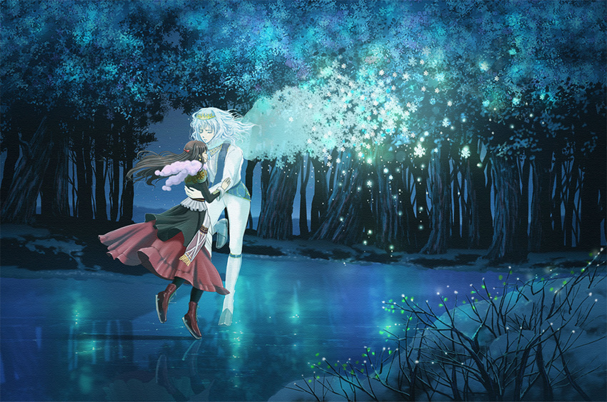 1girl a_i_u_e_oekaki bad_id bad_pixiv_id bow brown_hair closed_eyes couple dissolving dress earrings faux_traditional_media forest formal frozen_lake hair_bow hetero highres hug ice ice_skates jewelry long_hair nature original reflection scarf skates snow snowflakes tiara tree white_hair