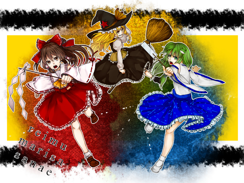 bad_id bad_pixiv_id blonde_hair bow braid broom brown_hair character_name detached_sleeves frog green_eyes green_hair hair_bow hair_ornament hakurei_reimu hat kirisame_marisa kochiya_sanae kurono_kito long_hair multicolored multicolored_background multiple_girls short_hair touhou witch_hat yellow_eyes