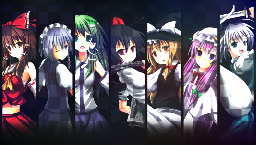 bad_id bad_pixiv_id blonde_hair bunbunmaru column_lineup hakurei_reimu izayoi_sakuya kirisame_marisa kochiya_sanae konpaku_youmu multiple_girls newspaper patchouli_knowledge samegami scarlet_weather_rhapsody shameimaru_aya touhou