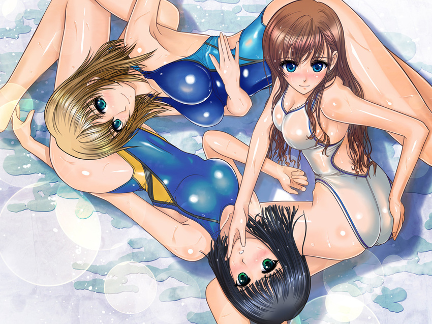 arm_behind_back armpits ass back bangs bare_shoulders black_hair blonde_hair blue_eyes blue_swimsuit blush breasts brown_hair cleavage collarbone competition_swimsuit eyebrows_visible_through_hair feet_out_of_frame from_above from_side green_eyes hair_between_eyes hand_on_another's_chin hand_on_own_ass hand_on_own_stomach highleg highleg_swimsuit hip_bones hips impossible_clothes impossible_swimsuit legs_together lens_flare long_hair looking_at_viewer looking_back lying maria-sama_ga_miteru medium_breasts medium_hair multiple_girls nenchi nijou_noriko nose_blush one-piece_swimsuit outstretched_arm parted_lips satou_sei shiny shiny_clothes shiny_skin sideboob skin_tight small_breasts straight_hair swimsuit toudou_shimako twisted_torso wet wet_hair white_swimsuit