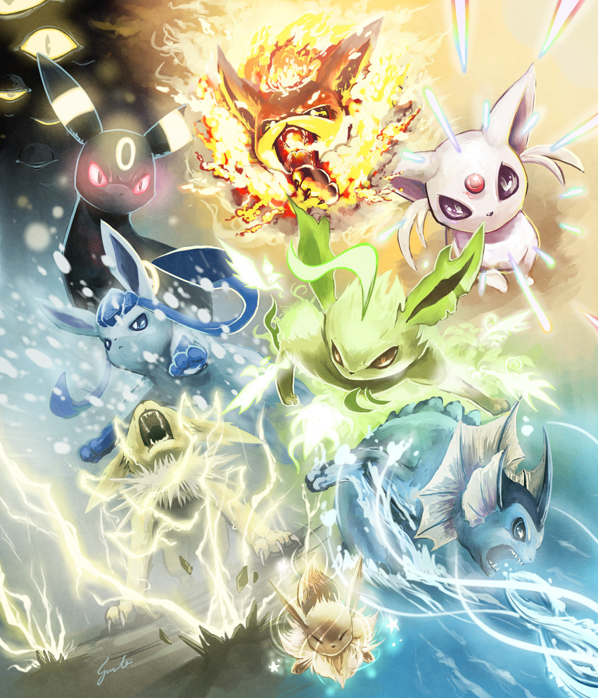 claws closed_eyes darkness eevee espeon eyes fire flare flareon gen_1_pokemon gen_2_pokemon gen_4_pokemon glaceon glowing glowing_eyes highres ice jolteon leafeon lightning no_humans pokemon pokemon_(creature) umbreon vaporeon yorujisa_yuuto