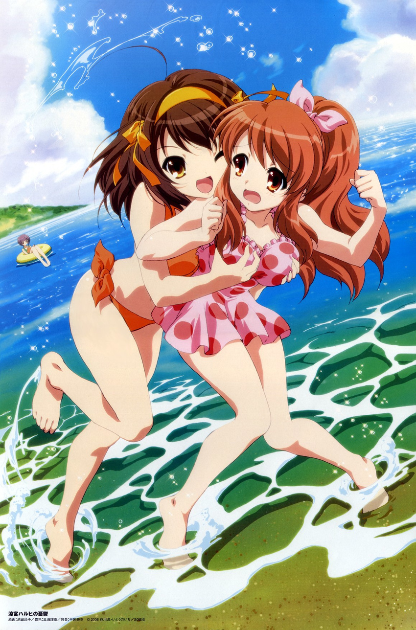 ahoge asahina_mikuru barefoot beach bikini blush bow breast_grab breasts brown_hair comp_h's day feet glomp grabbing hair_bow hair_ornament hairband highres hug ikeda_shouko legs long_hair medium_breasts multiple_girls nagato_yuki official_art one_eye_closed open_mouth orange_hair outdoors pink_bow polka_dot polka_dot_swimsuit ponytail purple_hair ribbon short_hair suzumiya_haruhi suzumiya_haruhi_no_yuuutsu swimsuit toes very_long_hair