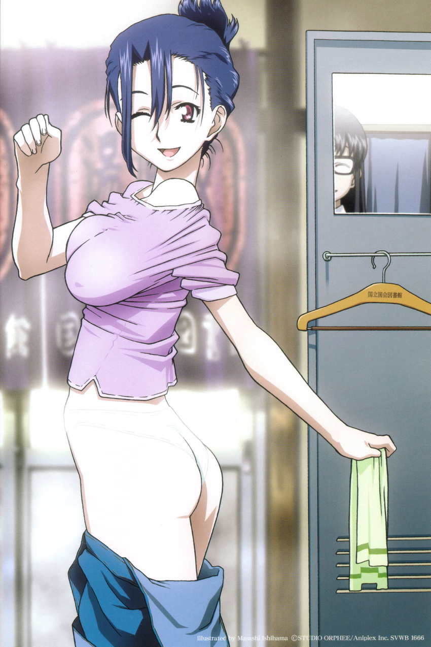 ass black_hair blue_pants clothes_hanger covered_nipples glasses green_towel highres ishihama_masashi multiple_girls nancy_makuhari one_eye_closed overalls panties pants pink_eyes print_towel purple_hair purple_shirt r.o.d_the_tv read_or_die reflection shirt shirt_slip smile towel underwear undressing white_panties yomiko_readman