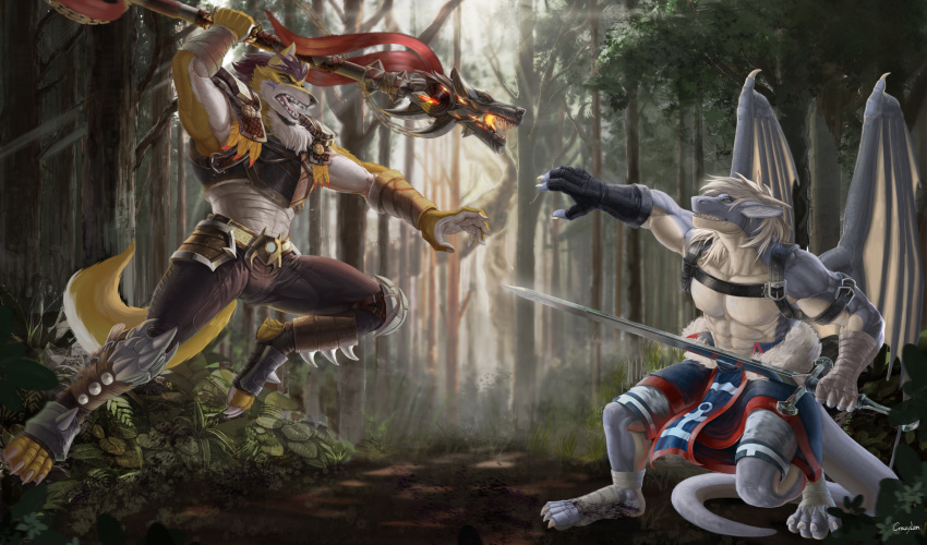 armor blue_dragon canid canine canis clothed clothing dragon duo fight forest fur hair hi_res invalid_color jumping kzlion lance leap male mammal melee_weapon muscular sword tree warrior weapon wings wolf yellow_wolf