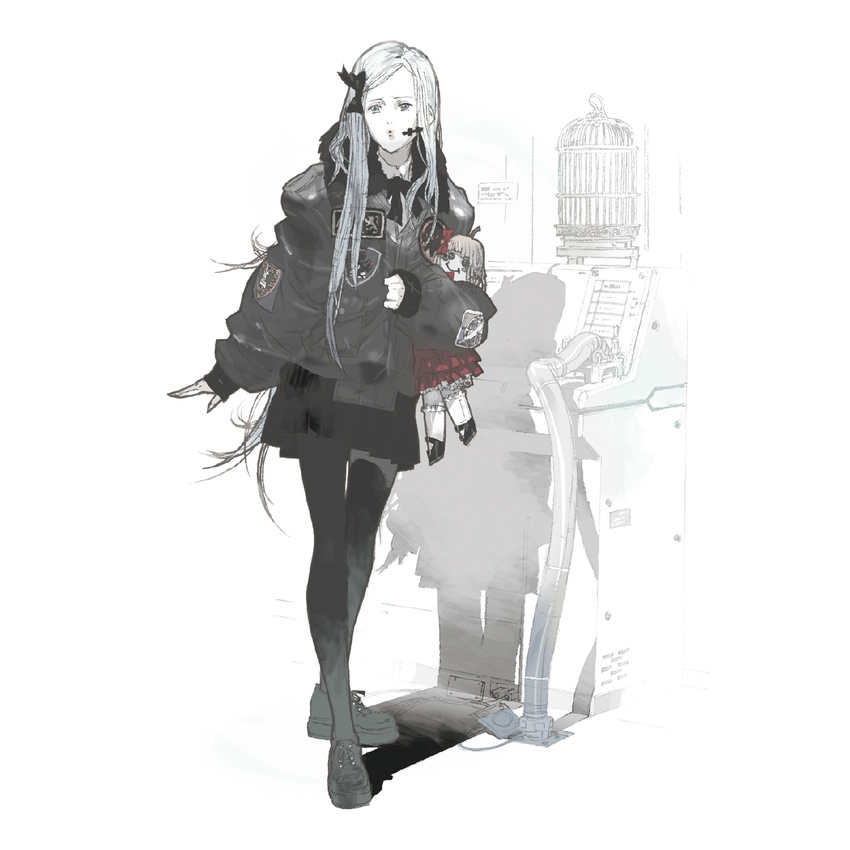 alice_hazel artist_request birdcage bomber_jacket cage doll gothic highres jacket long_hair long_sleeves metal_gear_(series) monochrome pantyhose solo spot_color