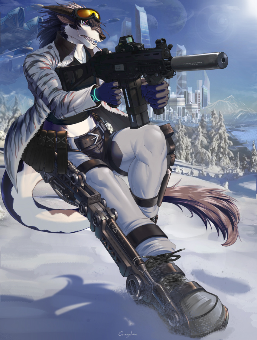 canid canine canis city clothing dragon exoskeleton fur gun hair hi_res hybrid jacket kzlion mammal ranged_weapon scar science_fiction silencer ski_goggles snow soldier submachine_gun ump45 weapon wolf