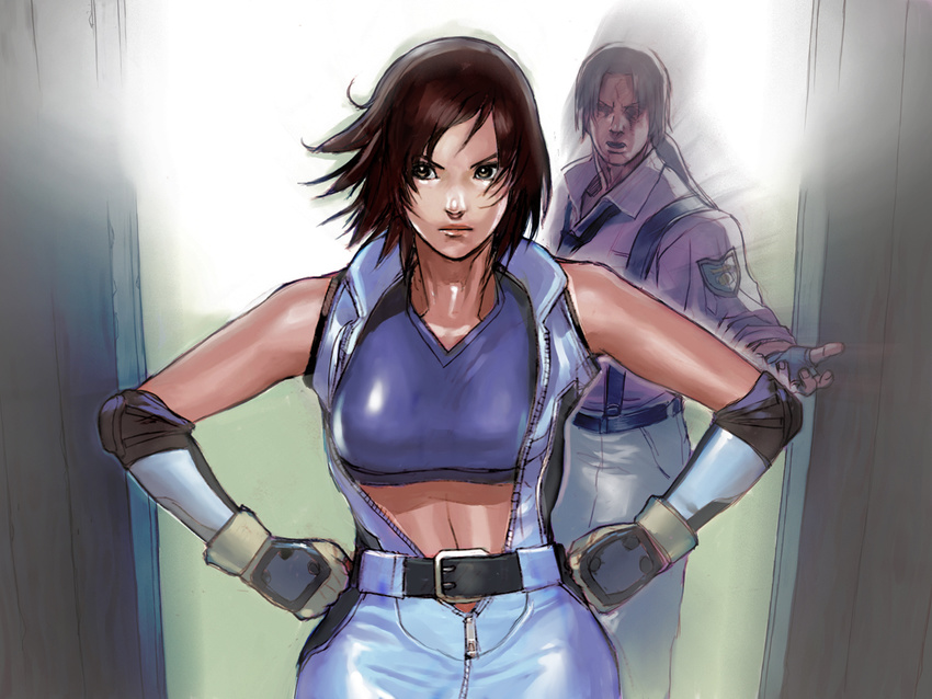 1girl artist_request bangs belt brown_hair clenched_hands closed_mouth crop_top door elbow_pads fingerless_gloves gloves grey_hair hands_on_hips jumpsuit kazama_asuka lei_wulong light_frown logo looking_to_the_side motion_blur necktie no_eyes official_art outstretched_hand pants reaching shirt solo_focus stomach swept_bangs tank_top tekken unzipped zipper
