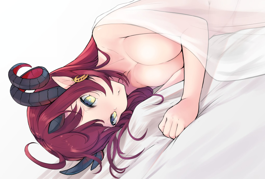 bed breasts horns long_hair magrona magrona_channel nude pointed_ears red_hair see_through twilightrain waifu2x yellow_eyes