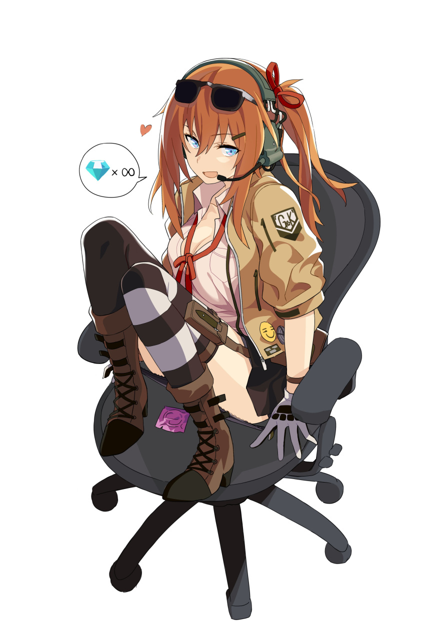 1girl absurdres badge bangs blonde_hair blue_eyes blush boots breasts chair cleavage condom eyebrows_visible_through_hair eyewear_on_head full_body gem girls_frontline gloves hair_between_eyes hair_ornament hair_ribbon hairclip headphones headset heart highres kalina_(girls_frontline) long_hair looking_at_viewer ningen_(ningen96) office_chair open_mouth ponytail red_neckwear red_ribbon ribbon shirt side_ponytail simple_background sitting solo speech_bubble sunglasses thighhighs white_background white_gloves