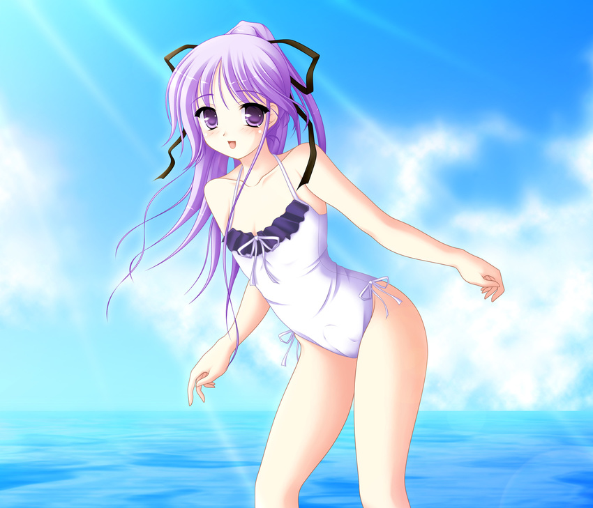 casual_one-piece_swimsuit cloud day erection frilled_swimsuit frills hair_ribbon halterneck happiness! highres kakesu leaning_forward lens_flare light_rays male_focus ocean one-piece_swimsuit open_mouth otoko_no_ko outdoors ponytail purple_eyes purple_hair ribbon sky smile solo sunbeam sunlight swimsuit watarase_jun water