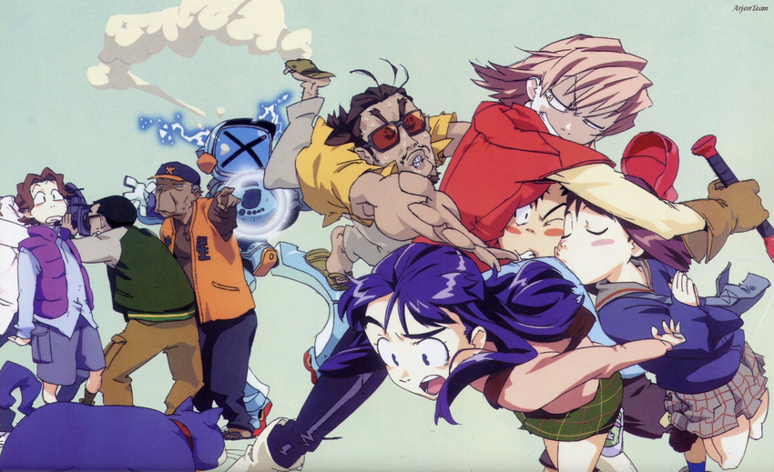 5boys :o artist_request baseball_cap beard black_hair blue_eyes blue_hair blush brown_hair character_request cross dark_skin facial_hair flcl gloves green_background haruhara_haruko hat highres holding kiss long_hair long_sleeves multiple_boys multiple_girls mustache nandaba_naota necktie ninamori_eri old_man open_mouth parted_lips pointing samejima_mamimi sandals short_hair shorts silver_hair simple_background skirt smoke sparkle standing surprised sweater vest