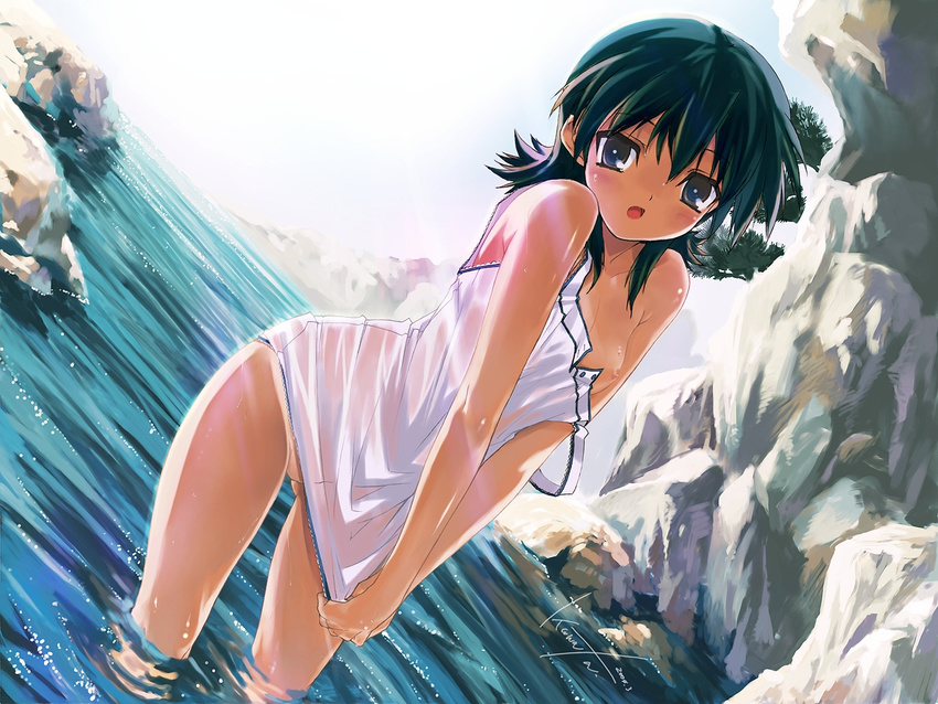 2004 blue_eyes blush bottomless breast_slip covering covering_crotch dutch_angle flat_chest game_cg green_hair kawata_hisashi leaning_forward light_rays miidera_tsukuyo nipple_slip nipples no_bra no_panties one_breast_out ripples rock see-through shirt_tug signature solo strap_slip sunbeam sunlight tan tasogare wading water wet wet_clothes