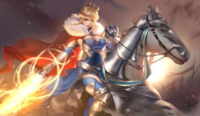 1girl absurdres armor armored_dress artoria_pendragon_(all) artoria_pendragon_(lancer) banner blue_gloves blue_legwear blue_leotard blue_skirt breasts cape cleavage crown day excalibur fate/grand_order fate_(series) fur-trimmed_cape fur_trim gauntlets gloves green_eyes highres horse knight large_breasts leotard lips lipstick looking_at_viewer makeup mifachu_(1064317697) outdoors red_cape red_lipstick riding showgirl_skirt sidelocks skirt solo_focus