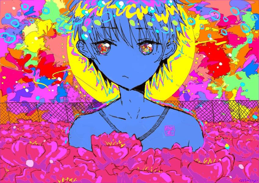 1boy 666haorare666 abstract_background bubble collarbone colorful eyebrows_visible_through_hair fence field flower flower_field looking_away multicolored multicolored_eyes no_nose original peony_(flower) portrait short_hair solo