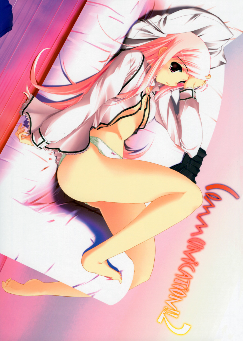 aoi_mikan bed bow bow_panties highres lace lace-trimmed_panties long_sleeves lucy_maria_misora lying no_bra no_pants on_back open_clothes open_shirt pajamas panties pillow pink pink_hair red_eyes shirt sideways solo to_heart_2 underwear white_panties