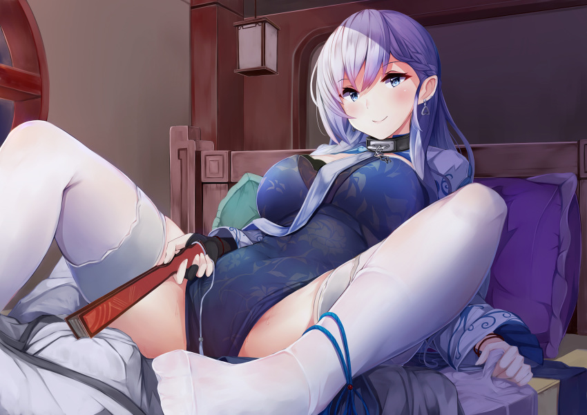 1boy 1girl azur_lane bangs belfast_(azur_lane) blue_dress blue_eyes blush braid breasts chains china_dress chinese_clothes collar dress earrings erection erection_under_clothes eyebrows_visible_through_hair fan folding_fan french_braid highres holding holding_fan indoors irohasu jewelry large_breasts long_hair looking_at_viewer on_bed pants pelvic_curtain pillow reclining shrug_(clothing) sidelocks silver_hair skindentation smile sweat thighhighs white_legwear white_pants