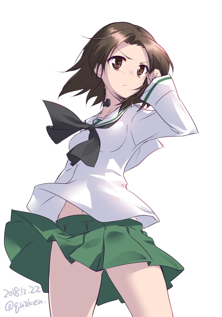 1girl arm_behind_back bangs black_neckwear blouse brown_eyes brown_hair closed_mouth commentary_request cowboy_shot dated frown girls_und_panzer gluteal_fold green_skirt hand_in_hair highres kuzuryuu_kennosuke long_sleeves miniskirt navel neckerchief ooarai_school_uniform parted_bangs pleated_skirt sawa_azusa school_uniform serafuku short_hair simple_background skirt solo standing thighs throat_microphone twitter_username v-shaped_eyes white_background white_blouse wind