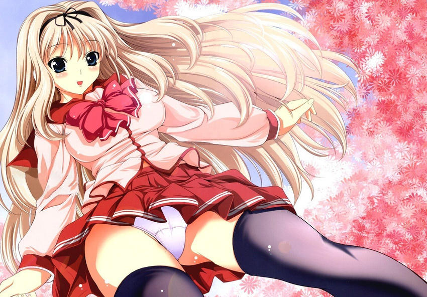 black_legwear blonde_hair blouse blue_eyes blush bow bowtie breasts cherry_blossoms dutch_angle from_below hair_ribbon hairband kusugawa_sasara large_breasts lens_flare long_hair long_sleeves looking_down miniskirt outdoors outstretched_arms panties pantyshot pantyshot_(standing) pleated_skirt ribbon school_uniform serafuku skirt sky solo spread_arms standing thighhighs to_heart_2 underwear upskirt very_long_hair white_panties yasui_riosuke