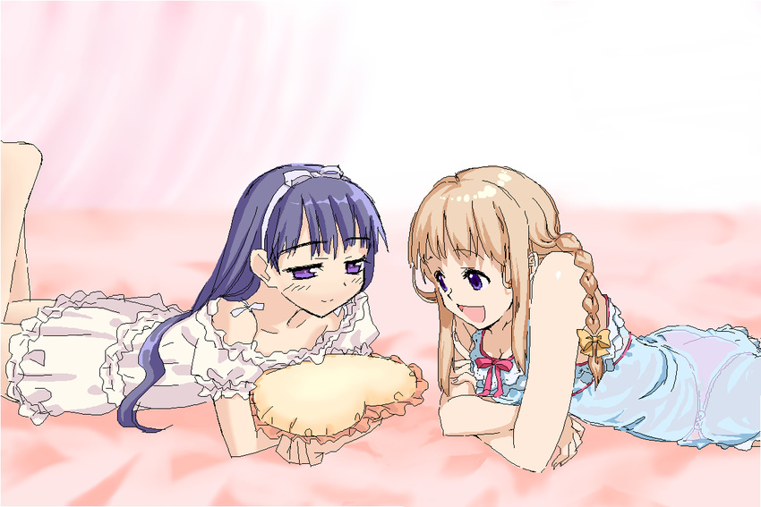 :d bare_shoulders blonde_hair blue_dress blush bow braid collarbone dress hair_bow hanamo heart heart_pillow long_sleeves looking_at_another lying multiple_girls on_stomach open_mouth original pajamas pillow purple_eyes short_hair short_sleeves single_braid sleeveless sleeveless_dress smile white_dress