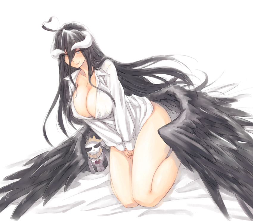 ainz_ooal_gown albedo breasts demon demon_girl demon_horns demon_wings doll feathered_wings feathers horns large_breasts long_hair overlord_(maruyama) shirt smile thighhighs thighs user_xgpy8228 white_background white_shirt wings yellow_eyes