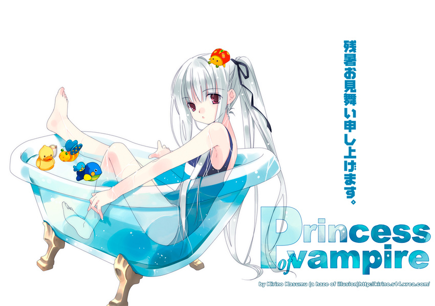 artist_name bathtub claw_foot_bathtub copyright_request kirino_kasumu long_hair one-piece_swimsuit school_swimsuit silver_hair slipper_bathtub solo swimsuit transparent_bathtub watermark web_address wet