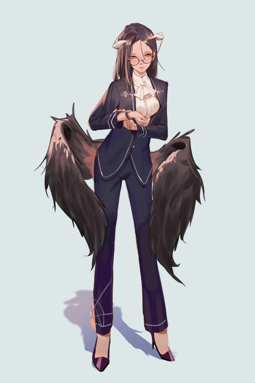 albedo black_hair black_suit blue_background breasts clock demon demon_girl demon_horns demon_wings feathered_wings feathers formal glasses hair_between_eyes high_heels highres horns krin large_breasts long_hair overlord_(maruyama) shirt simple_background suit white_shirt wings yellow_eyes