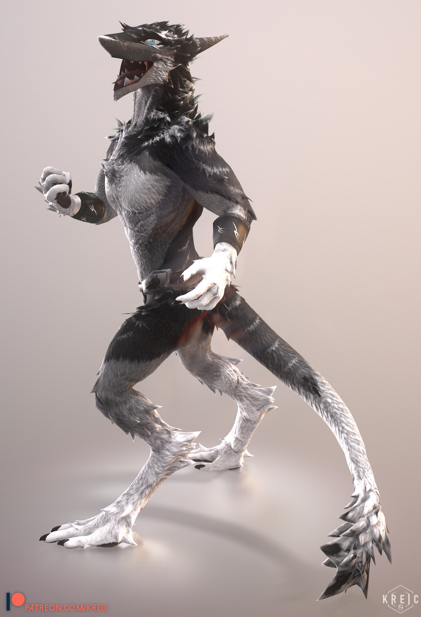 2019 3d_(artwork) absurd_res clothing digital_media_(artwork) digitigrade fangs hi_res kreic loincloth looking_at_viewer male sergal smile tongue tongue_out