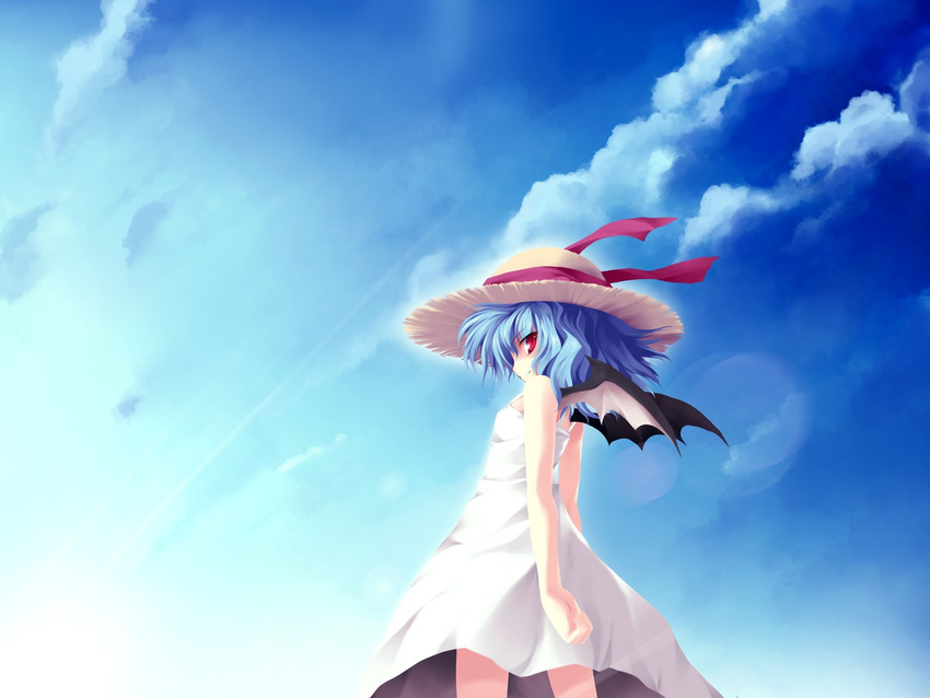 alternate_costume arms_behind_back bat_wings blue_hair cloud day dress hat highres looking_back red_eyes remilia_scarlet sky smile solo straw_hat sundress tateha_(marvelous_grace) touhou wallpaper white_dress wings