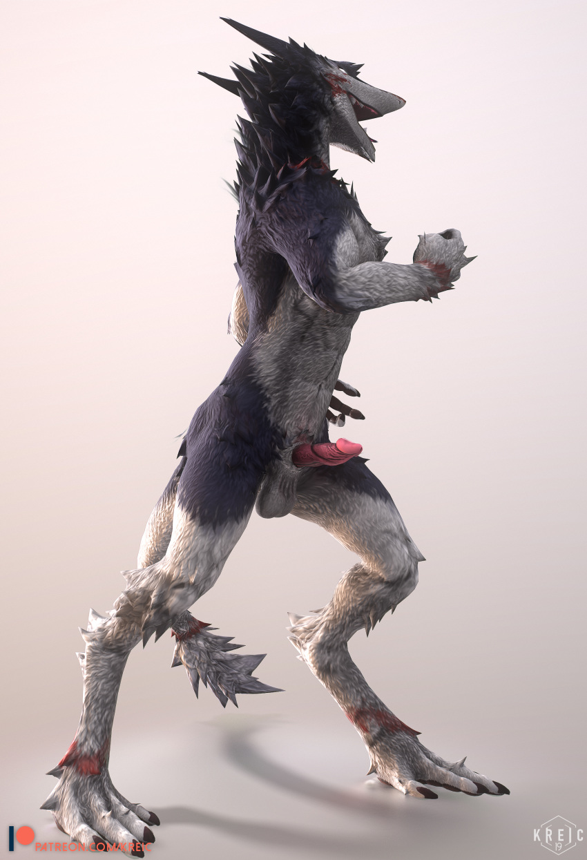 2019 3d_(artwork) absurd_res animal_genitalia balls digital_media_(artwork) digitigrade erection fangs hi_res humanoid_penis kreic male penis pink_penis sergal smile tongue tongue_out