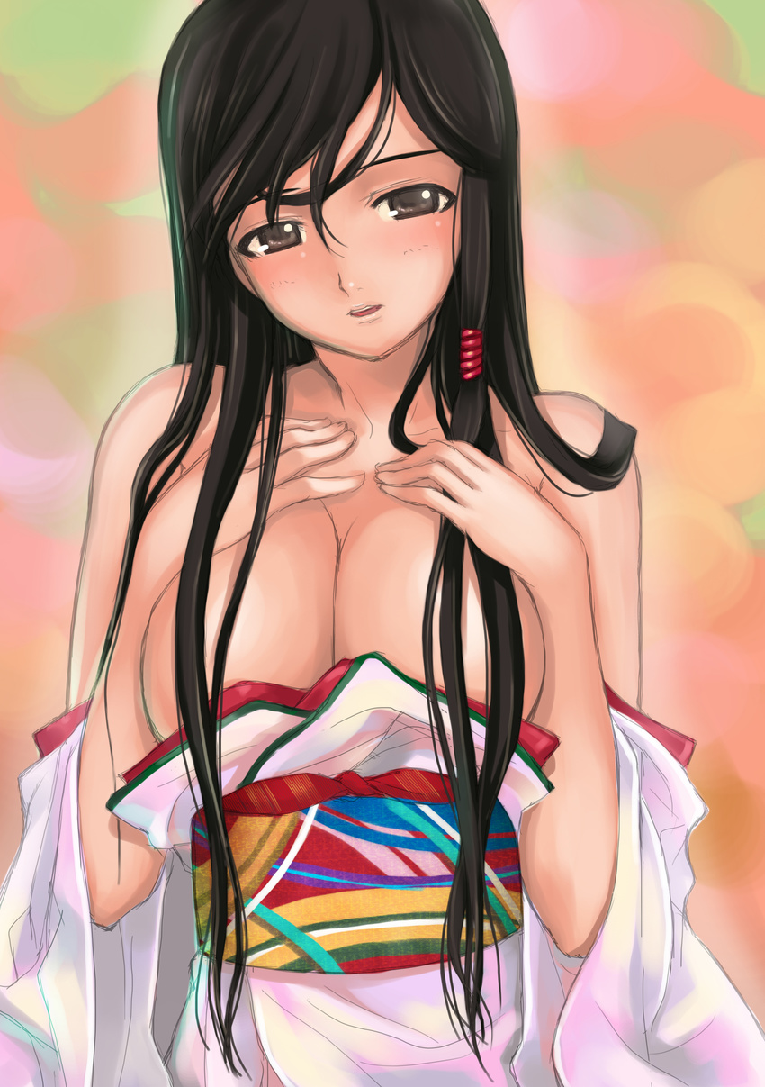 absurdres bare_shoulders black_hair breast_suppress breasts cleavage dead_or_alive grey_eyes highres japanese_clothes kokoro_(doa) large_breasts mikazuki_akira! no_bra off_shoulder solo