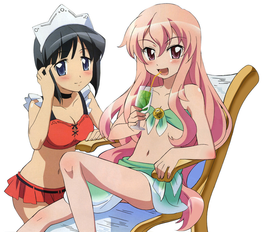 bare_shoulders bikini black_hair blue_eyes breasts choker cleavage long_hair louise_francoise_le_blanc_de_la_valliere maid_bikini medium_breasts midriff multiple_girls ootsuka_mai pink_eyes pink_hair siesta small_breasts swimsuit zero_no_tsukaima