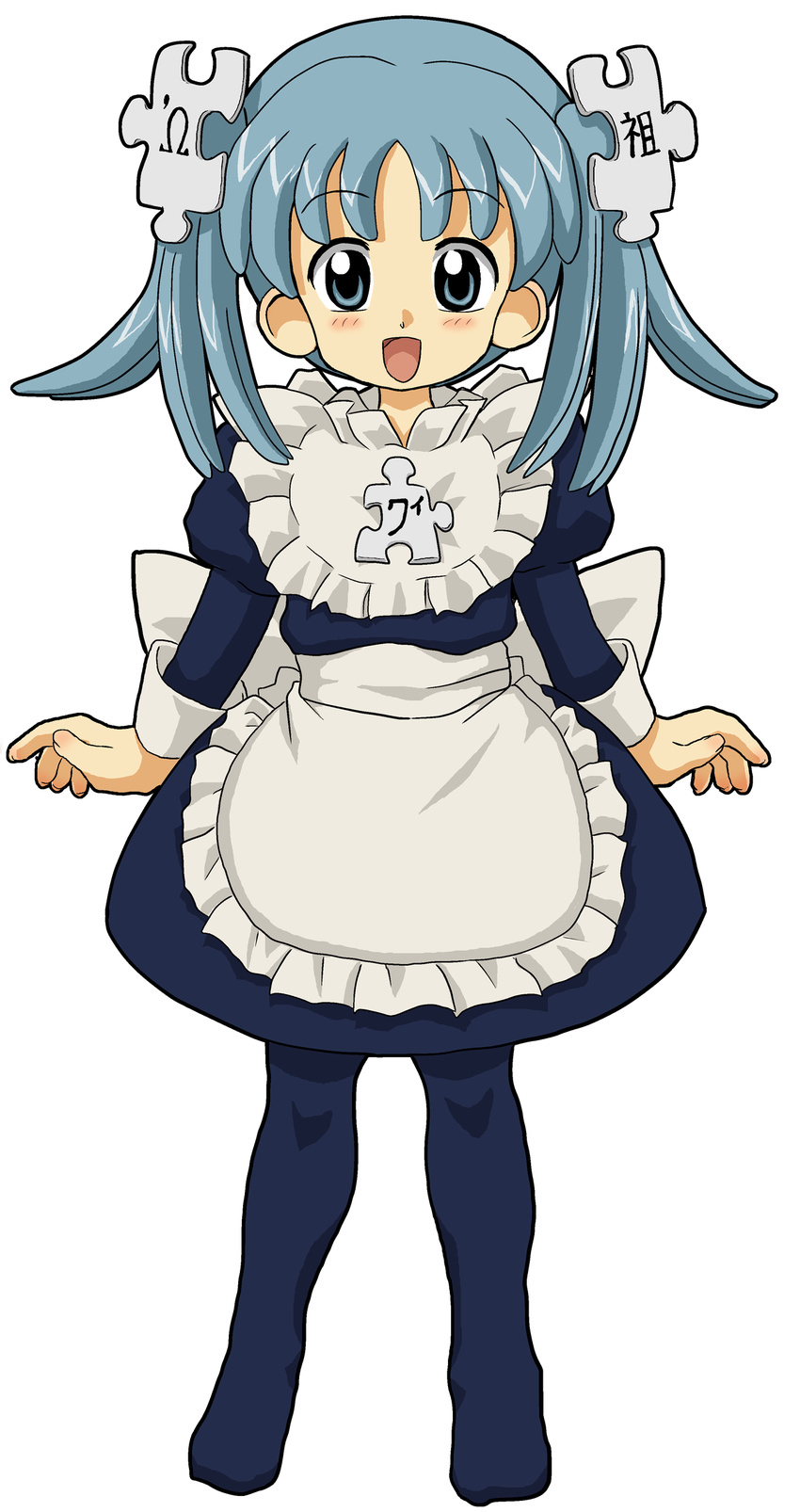 :d absurdres apron bangs blue_dress blue_eyes blue_hair blue_legwear blush bow child clothes_writing dress fingernails flat_chest flipped_hair frilled_apron frills full_body hair_ornament happy highres juliet_sleeves kasuga_(kasuga39) long_fingernails long_sleeves looking_at_viewer maid no_shoes omega_symbol open_mouth pantyhose parted_bangs puffy_sleeves puzzle_piece short_dress short_hair short_twintails simple_background sleeve_cuffs smile solo standing twintails waist_apron white_background wikipe-tan wikipedia