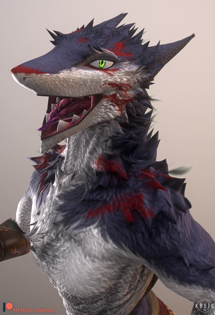 2019 3d_(artwork) absurd_res clothing digital_media_(artwork) digitigrade fangs hi_res kreic loincloth looking_at_viewer male sergal smile tongue tongue_out