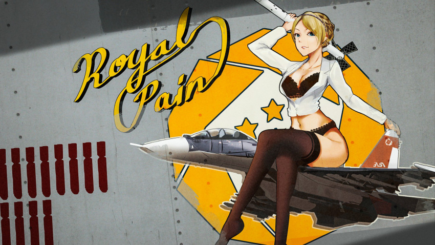 1girl ace_combat ace_combat_7 aircraft_request black_bra black_legwear black_panties blonde_hair blue_eyes bra braid commentary crown_braid english_text highres kowaremashita legs_crossed long_sleeves no_pants panties rosa_cossette_d'elise thighhighs underwear