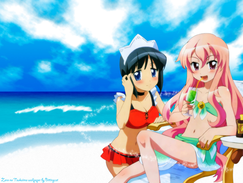 beach bikini black_hair blue_eyes blush day highres louise_francoise_le_blanc_de_la_valliere maid_bikini multiple_girls ootsuka_mai outdoors pink_eyes pink_hair siesta swimsuit wallpaper zero_no_tsukaima