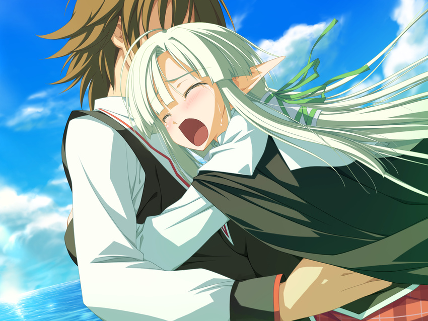 1girl ahoge bangs blunt_bangs breast_press breasts brown_hair cape closed_eyes cloud couple day durandal_fernek elf faceless faceless_male flat_chest game_cg green_hair hair_ornament hair_ribbon hetero highres hug long_hair long_sleeves ocean open_mouth outdoors plaid plaid_skirt pointy_ears ribbon ruruguno_janus_enfinus school_uniform shida_kazuhiro skirt sky spiked_hair sun tears very_long_hair vest water wiz_anniversary