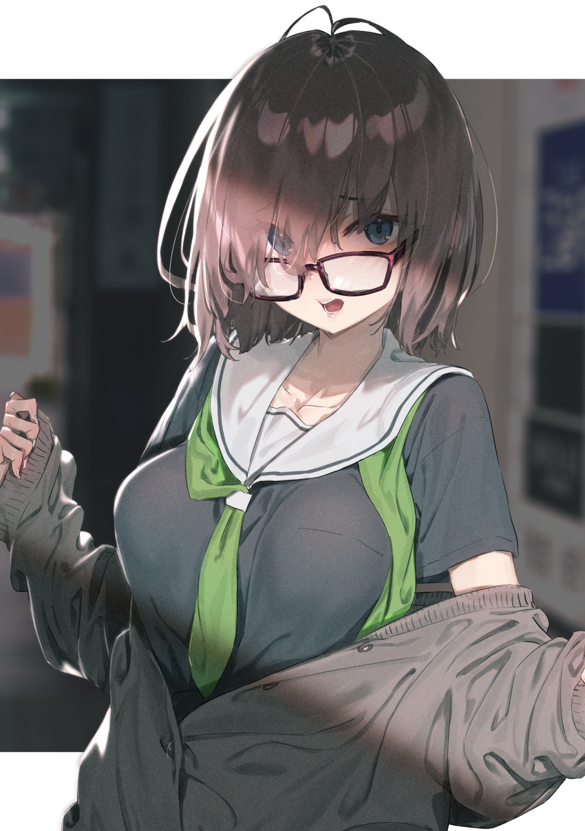 1girl :o absurdres black_shirt blue_eyes blurry blurry_background breasts brown-framed_eyewear brown_hair buttons collarbone commentary_request depth_of_field fate/grand_order fate_(series) glasses green_neckwear grey_cardigan hair_between_eyes hair_over_one_eye highres large_breasts long_sleeves looking_at_viewer looking_over_eyewear mash_kyrielight necktie off_shoulder open_mouth rolua sailor_collar school_uniform shade shirt short_hair short_sleeves solo upper_body white_sailor_collar