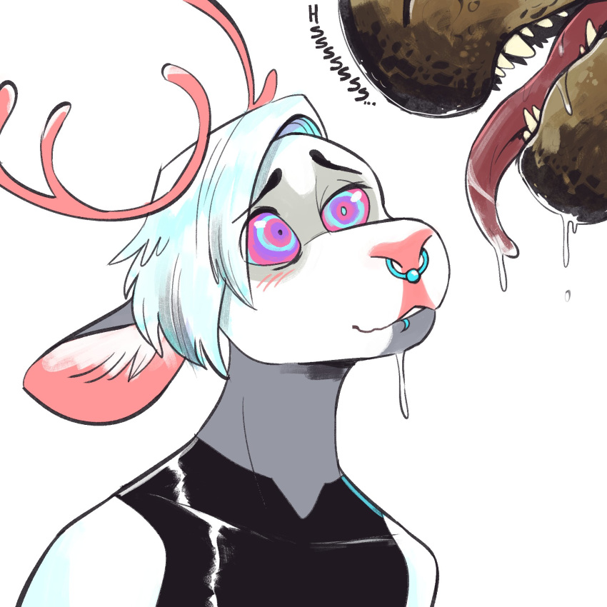 2018 ambiguous_gender anthro antlers blush cervid cervine dramamine drooling duo facial_piercing hair horn hypnosis lip_piercing mammal mind_control nose_piercing nose_ring open_mouth piercing reptile saliva scalie simple_background sound_effects spiral spiral_eyes tongue tongue_out white_background