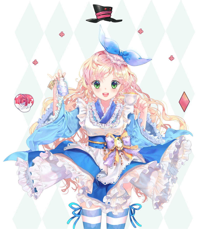 1girl :d alice_(wonderland) alice_in_wonderland apron argyle argyle_background bangs black_hat blonde_hair blue_kimono blue_ribbon blue_skirt blush bottle commentary_request cup drink_me eyebrows_visible_through_hair flower frilled_apron frills green_eyes hair_ribbon hat hat_removed headwear_removed highres holding holding_bottle holding_cup japanese_clothes kimono long_hair looking_at_viewer mini_hat mintchoco_(orange_shabette) obi open_mouth red_flower red_rose ribbon rose round_teeth sash skirt smile solo striped striped_legwear teeth thighhighs upper_teeth very_long_hair wa_maid white_apron white_flower white_rose