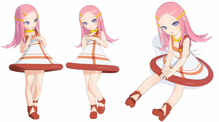 3d anemone_(eureka_seven) artist_request bangs bare_shoulders bow collar dress eureka_seven eureka_seven_(series) hair_ornament hairclip head_tilt invisible_chair leg_up long_hair looking_at_viewer looking_to_the_side multiple_views no_socks own_hands_together pink_hair purple_eyes red_bow red_footwear shiny shiny_skin shoes simple_background sitting sleeveless sleeveless_dress standing standing_on_one_leg swept_bangs v_arms white_background