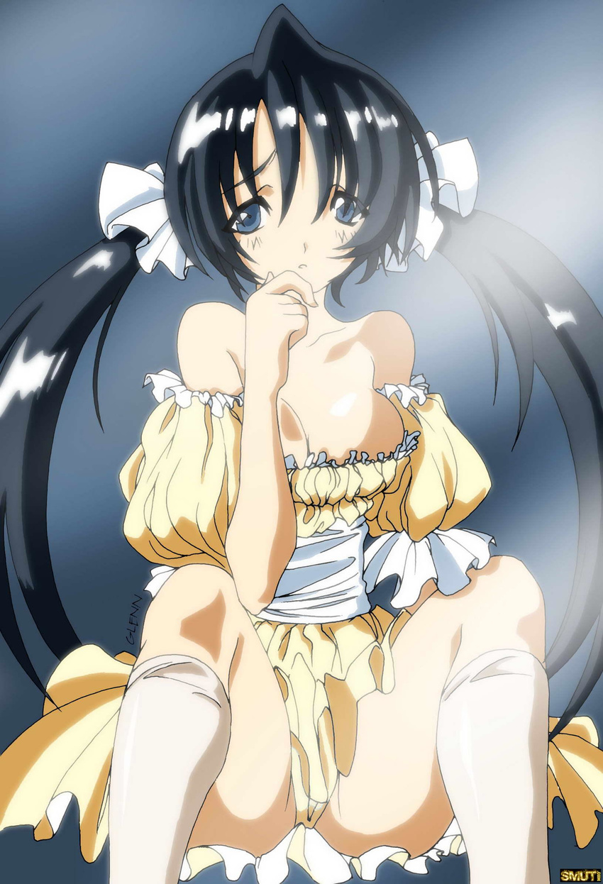 artist_request black_hair copyright_request highres sitting solo twintails