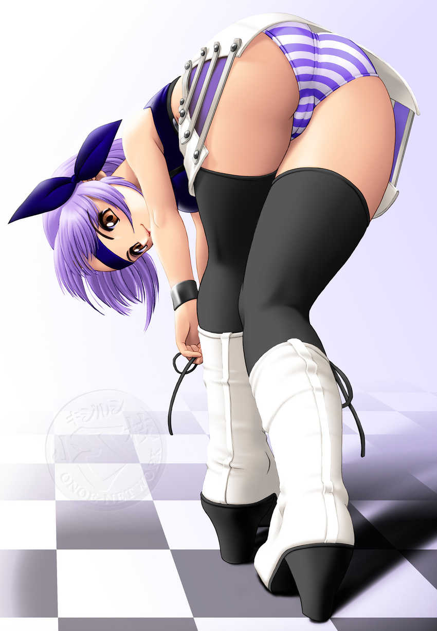 ass ayane_(doa) bent_over black_legwear blue_hair blue_panties boots brown_eyes cameltoe crop_top dead_or_alive hair_ribbon headband highres kneepits miniskirt onoe panties pantyshot pantyshot_(standing) purple_hair ribbon skirt solo standing striped striped_panties thighhighs thighs trefoil underwear watermark