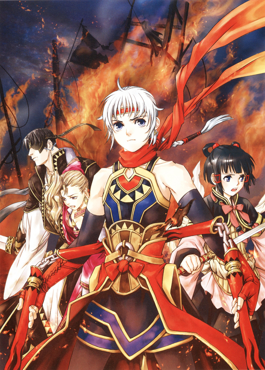 2girls absurdres armor bangs black_hair blonde_hair blue_eyes blunt_bangs bow bowtie braid earrings elbow_gloves eyepatch fighting_stance fingerless_gloves fire flat_chest freyjadour_falenas frown fujita_kaori gensou_suikoden gensou_suikoden_v georg_prime gloves hair_ornament hair_ribbon hair_rings headband highres japanese_clothes jewelry long_hair lyon multiple_boys multiple_girls nagimaki night night_sky official_art open_mouth outdoors purple_eyes ribbon sash scan scarf short_hair sialeeds_falenas sidelocks single_braid sky standing sword three_section_staff tress_ribbon wavy_hair weapon white_hair