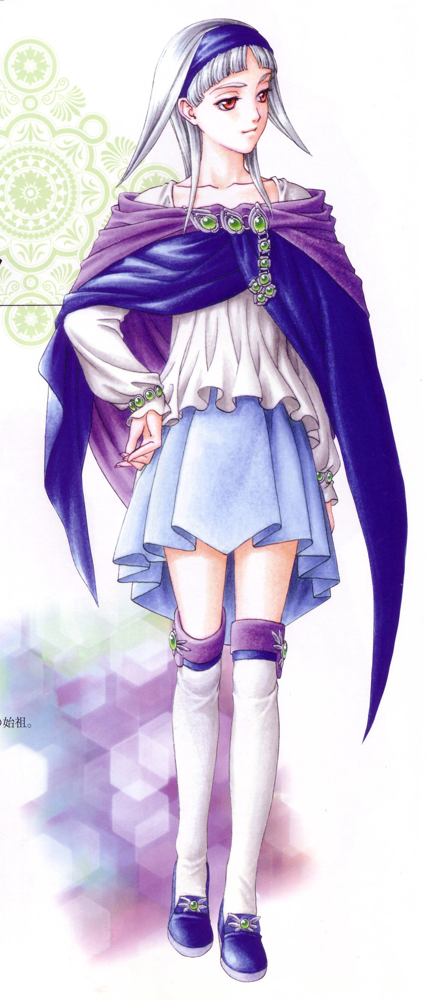 absurdres bangs blunt_bangs brooch cloak gensou_suikoden gensou_suikoden_ii gensou_suikogaiden hairband hand_on_hip highres ishikawa_fumi jewelry long_sleeves off_shoulder official_art pleated_skirt red_eyes scan shoes short_hair sierra_mikain silver_hair skirt smile solo standing thighhighs vampire white_legwear zettai_ryouiki