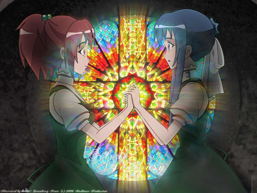 aoi_nagisa artist_request blue_hair highres holding_hands multiple_girls ponytail red_hair stained_glass strawberry_panic! suzumi_tamao wallpaper yuri