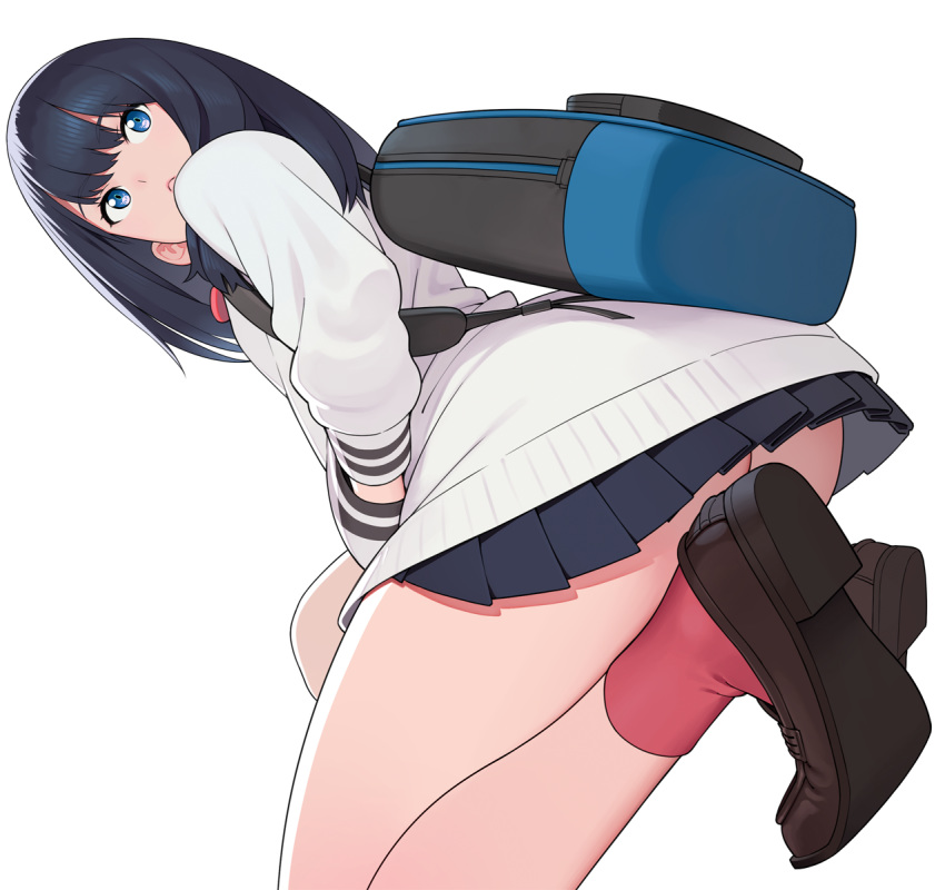 :&lt; ass bag bangs black_hair black_skirt blue_eyes bow bowtie cardigan closed_mouth commentary_request eyebrows_visible_through_hair from_below from_side go_robots hand_in_pocket highres loafers long_hair long_sleeves looking_back pleated_skirt red_legwear school_uniform shirt shoes shoulder_bag simple_background skirt socks solo squatting ssss.gridman takarada_rikka white_background white_cardigan white_shirt